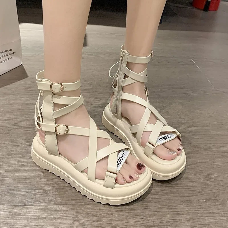 Women'S Sandals, Summer Thick Soles, Cross Woven, Versatile, Back Zippered, Casual Street Style