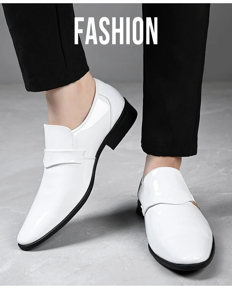 White Leather Shoes for Men 2025 New Patent Leather Business Men Casual Shoes Slip on Party Dress Footwear Pointed Toe Loafers