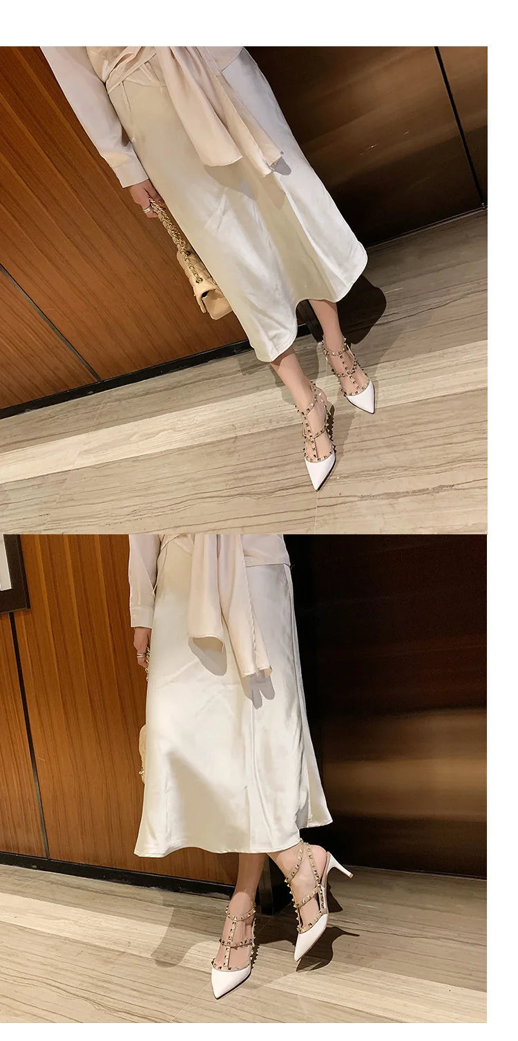 Nude Women's Gladiator sandals Summer 2025 Luxury With Ankle Strap Pointed Toe Fashion Rivet High Heels Party Ladies Shoes Women