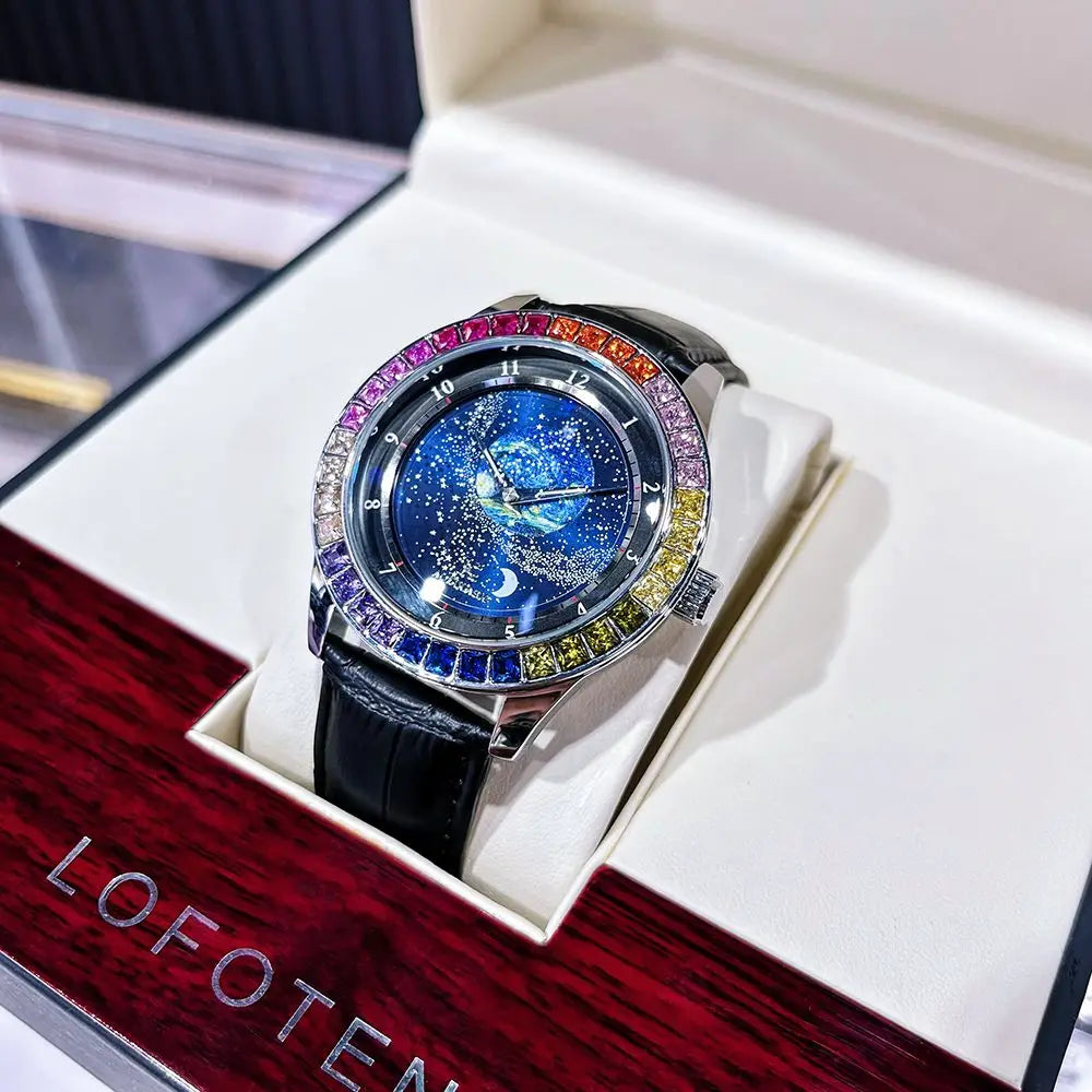 Fashion Starry Sky Luminous Mechanical Watch for Men Leather Steel Strap Luxury Brand Business Automatic Mens Watches AOKULASIC