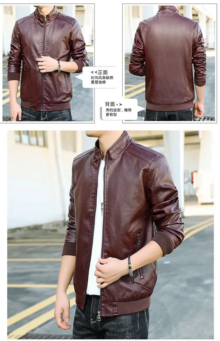 Trendy Casual Loose Jacket for Men with Velvet Thickened Winter with PU Leather Stand Collar