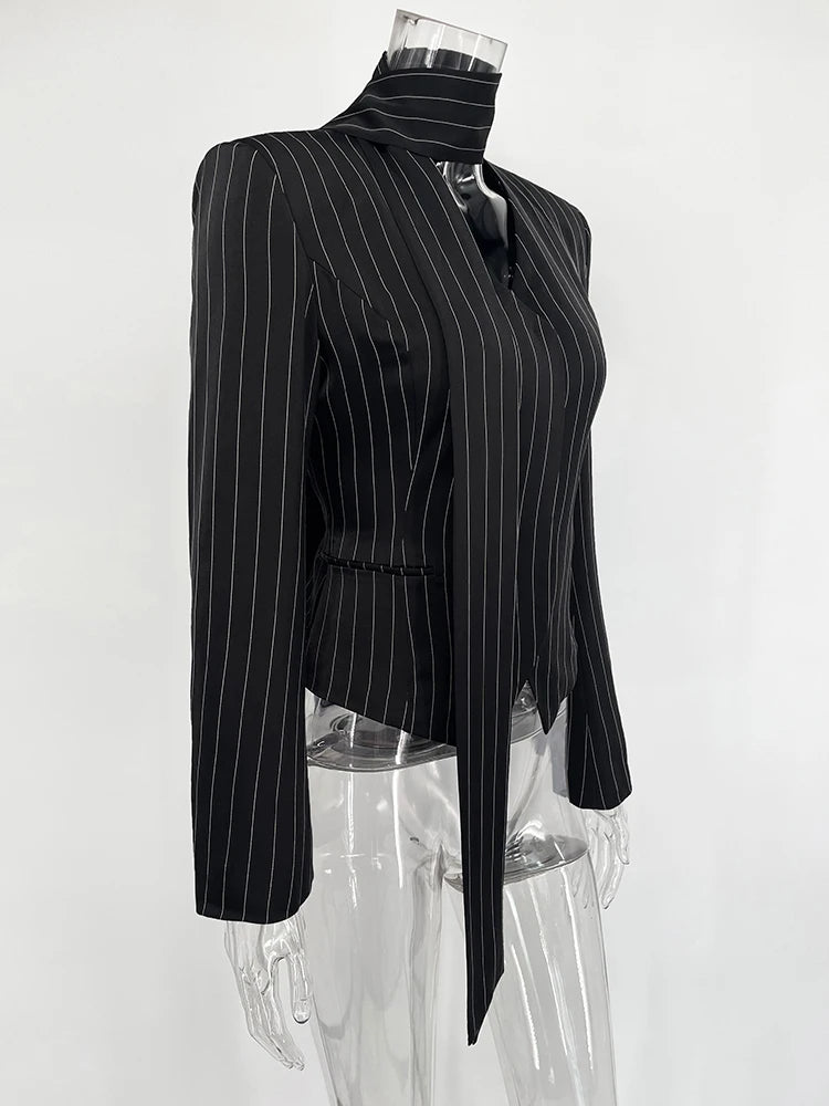 Taruxy Striped Print Vneck Ribbon Suit Coat For Women Long Sleeve Office Blazer