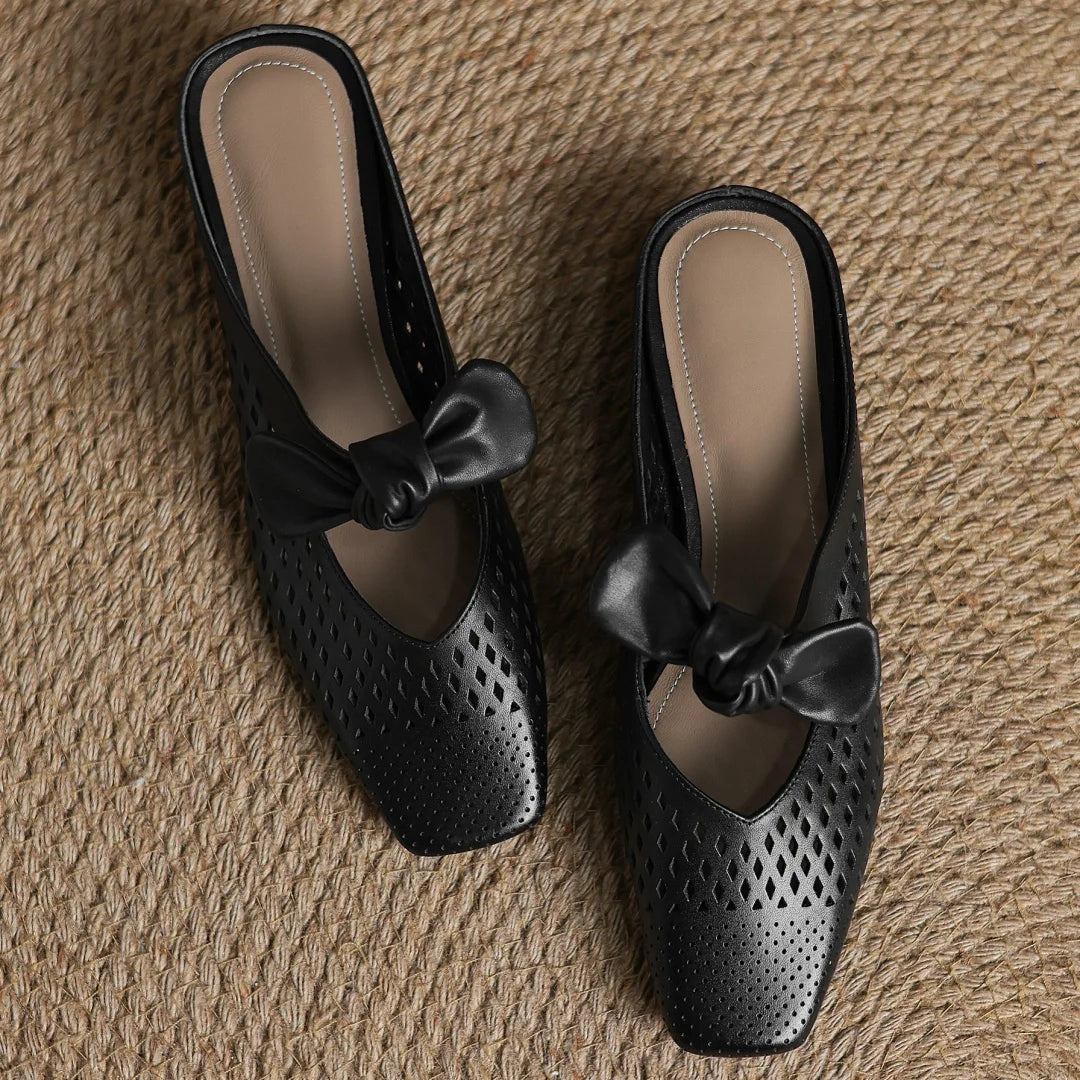 2025 Summer new plus size 34-41 women's hollow-out cow leather slip-on flats summer slides sandals sweet bowtie elegant mules
