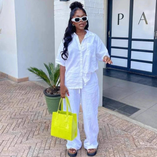 African Fashion Casual Solid Women Pant Sets Two Pieces Matching Set Short Sleeves Loose Shirt Elastic Waist Pants Set