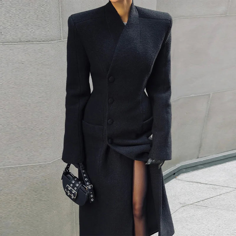 Elegant Long Coat Women V-neck Solid Slim Single-breasted Waist-closed Jackets Lady 2026 Spring Chic Female Streetwear