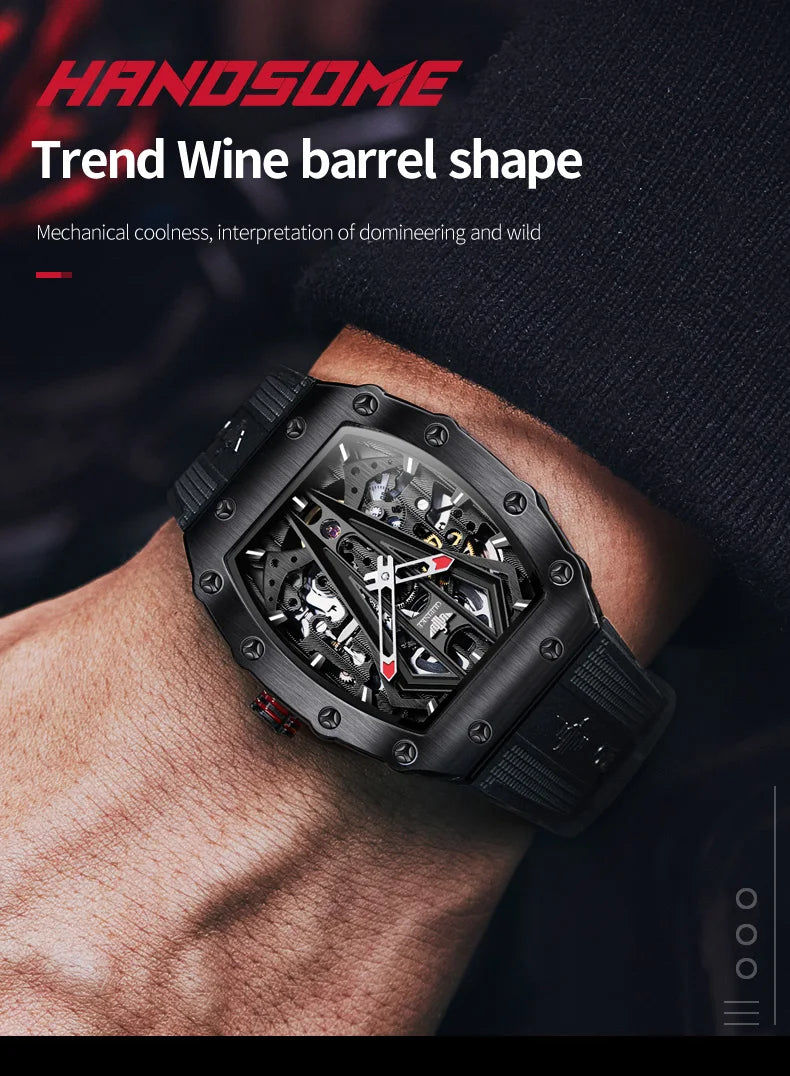 OUPINKE 3179 Automatic Watches for Man Silicone Strap Sapphire Mirror Waterproof Skeleton Tonneau Mechanical Men's Wristwatches