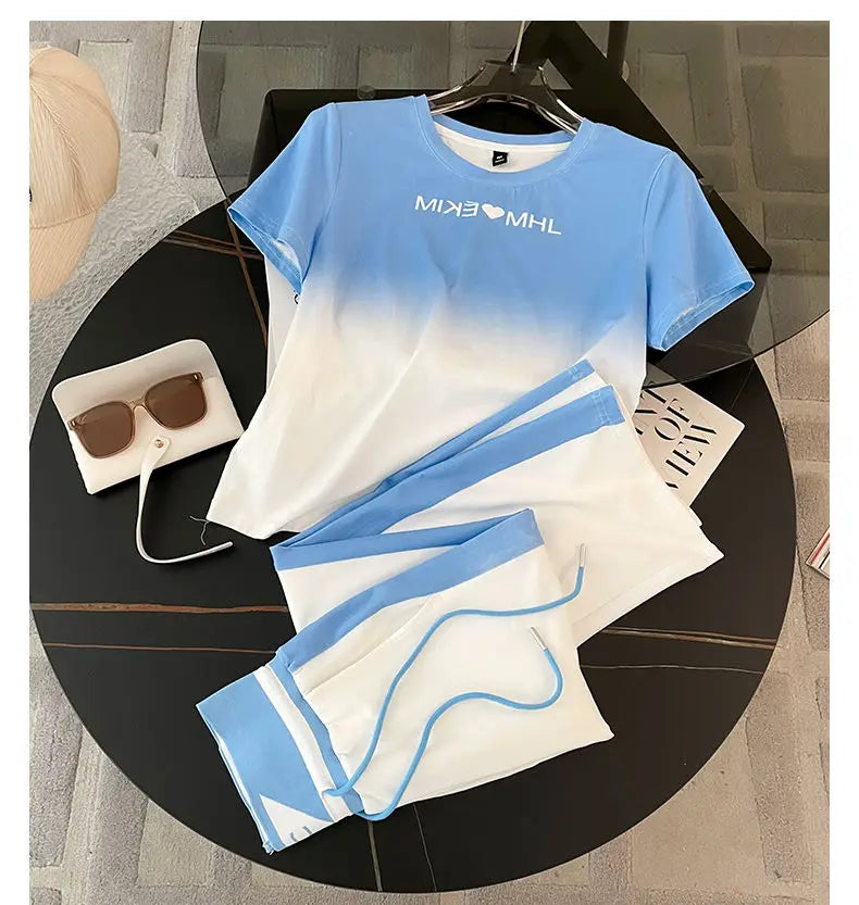 2024 Spring/Summer New Fashionable Gradient Short Sleeve+High Waist Wide Leg Pants Casual Two Piece Set
