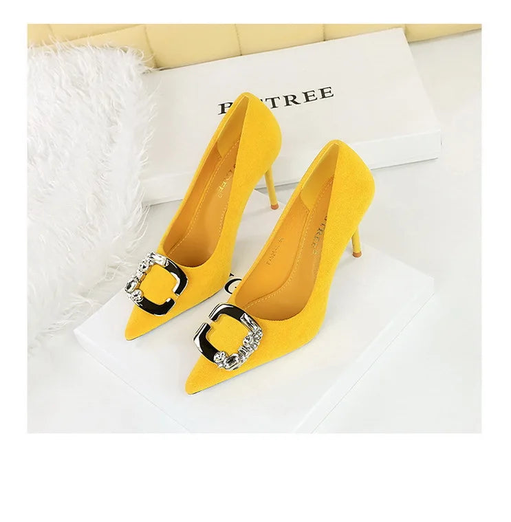 BIGTREE Shoes Metal Rhinestone Belt Buckle Women Pumps Suede High Heels Luxury Banquet Shoes Sexy Party Shoes Women Stilettos