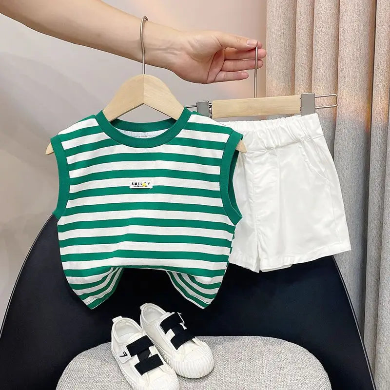 Boys' Striped Summer Casual Clothing Girl Children Handsome Boy Baby Sleeveless Vest and Shorts Set Kids Clothes Boys Outfits