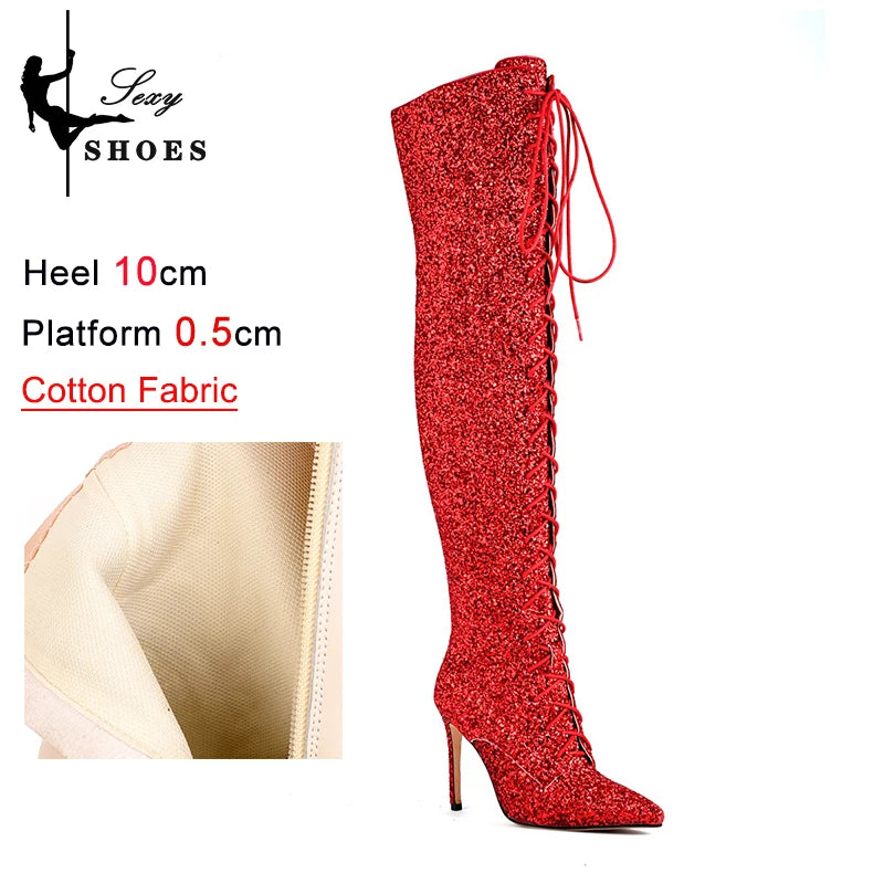 10CM Night Club Over The Knee Boots Sequins Thin High Heels Fashion Lady Pointed Long Boots Autumn Winter Party Shoes For Women