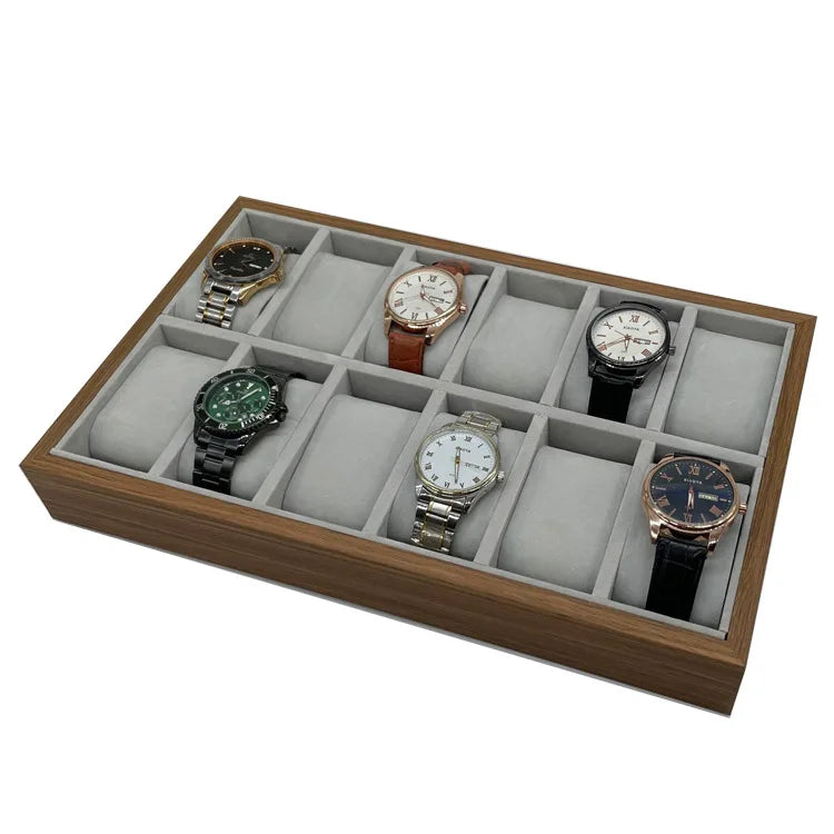 12 Slots Walnut Grain Wood Watch Storage Display Box Wristwatch Organizer Display Tray Watches Holder with Pillows Gift Cases