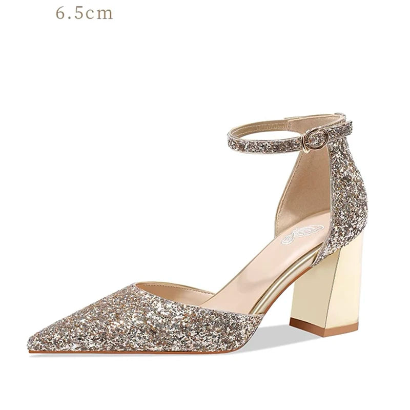 Luxury Gold Silver Sequins High Heels Pumps Women 2025 Pointed Toe Ankle Straps Wedding Shoes Woman Thick Heeled Party Shoes