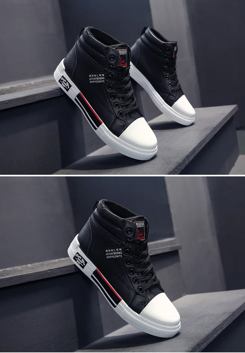 Fashion Leather Men Canvas Shoes Casual High-Top Shoes Autumn Men Non-Slip Tennis Sneakers Summer Flat Shoes Zapatillas