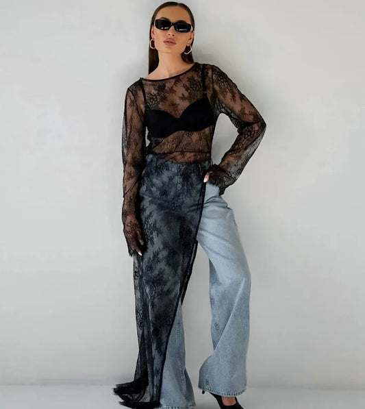 Fashion Perspective Sexy Long Blouses O-Neck Women Long Sleeve Irregular Lace Pullover Tops High Street Female 2024