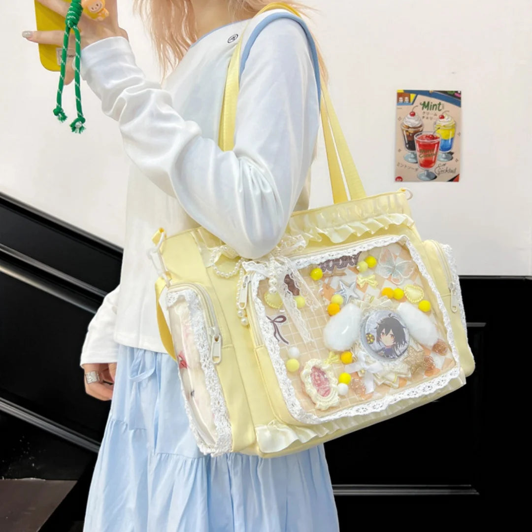 Sweet Lolita Single Shoulder Crossbody Bag Transparent Window Lace Ruffles Anime Badge Display Bag for Women