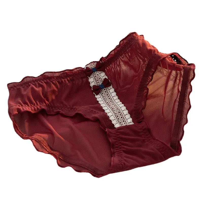 L-XL Women's Underwear Panty Sexy Lace Panties Bowknot Wine Red Brief Med Waist Seamless Underpants Female Lingerie Panties