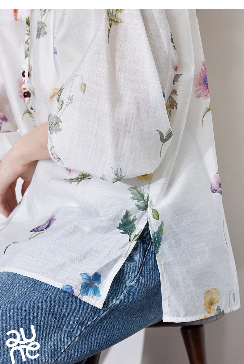 TOYOUTH Women Blouse Shirt 2025 Spring New Linen Floral Printed Velvet Casual Pullover Tops