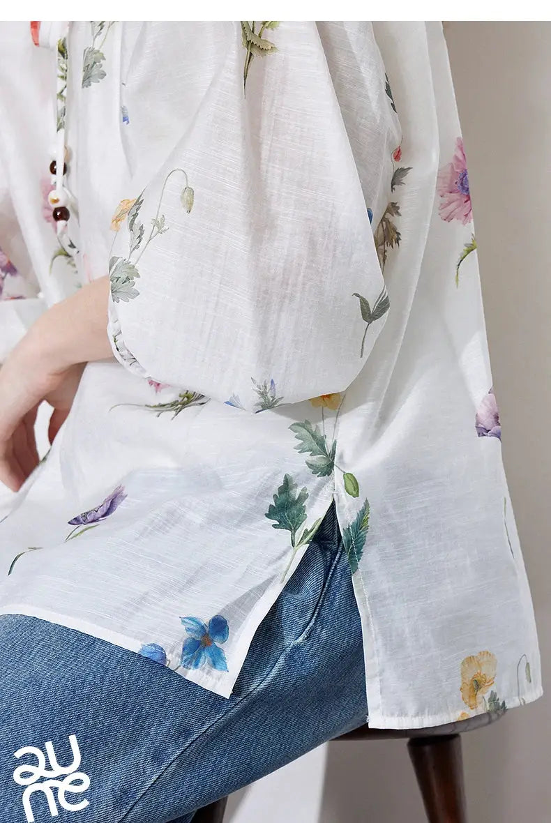 TOYOUTH Women Blouse Shirt 2025 Spring New Linen Floral Printed Velvet Casual Pullover Tops BAZAARHUBO