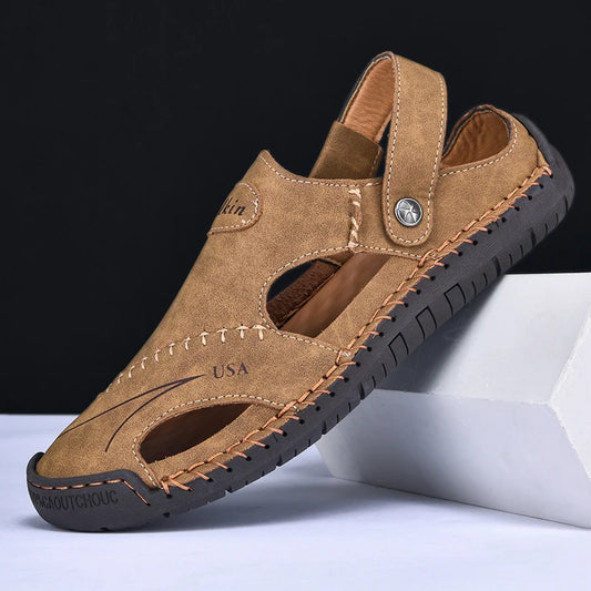 New Handmade Summer Sandals Men Breathable Leather Shoes Man Outdoor Men Sandals Antiskid Beach Sandals Hollow Shoes Footwear