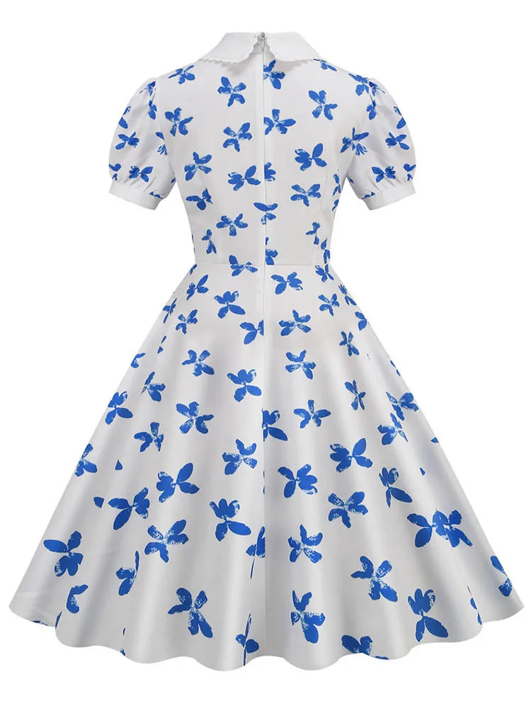 Women Vintage Dress Floral Print Peter pan Collar Elegant Party Dress Puff Short Sleeve Pin Up 50s Party Sundress 3XL