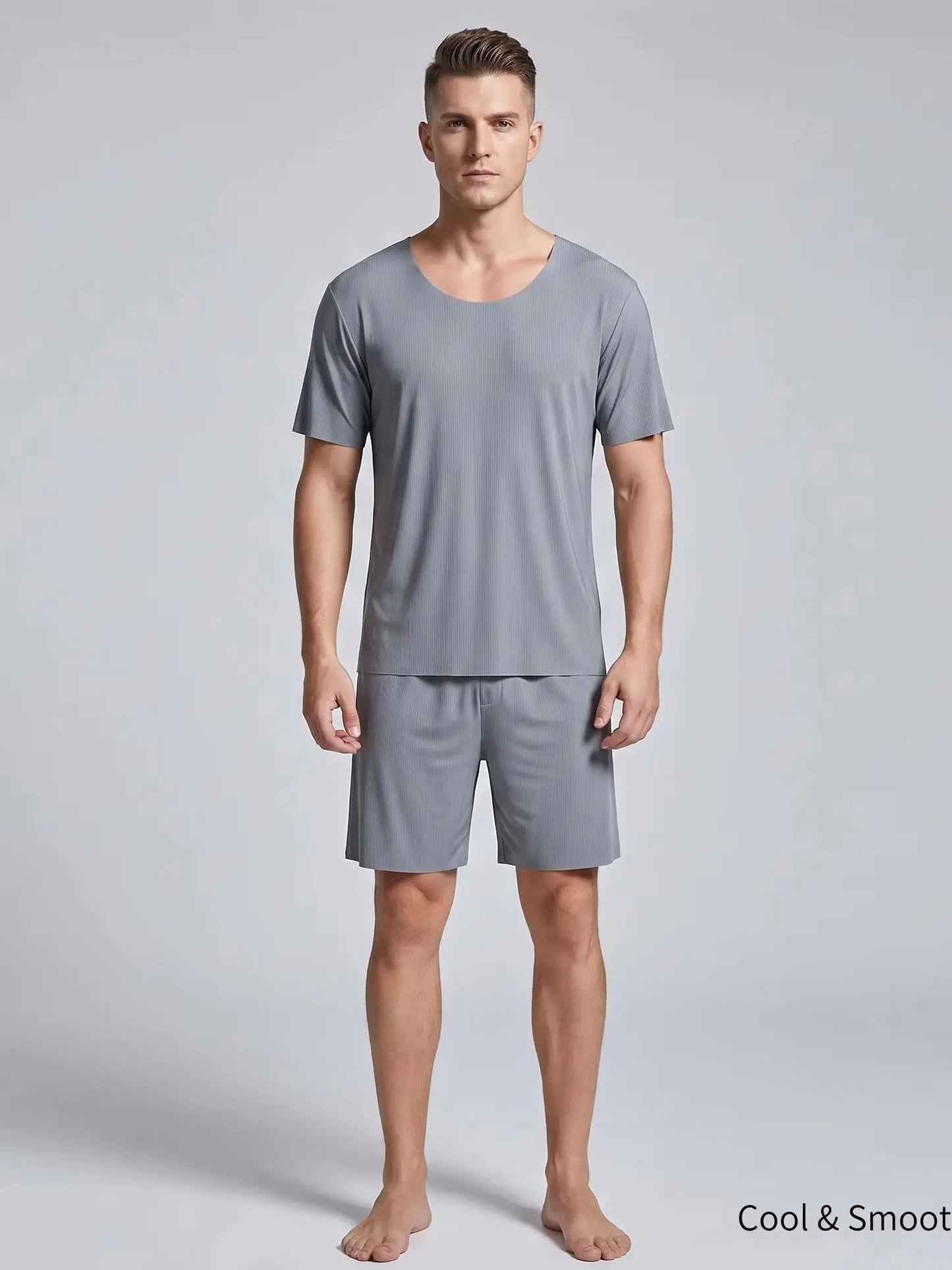 Men's Summer Loungewear Set: Ice-Silk Pajamas, Modal Seamless Round-Neck Lightweight Short-Sleeve T-Shirt, Men's Summer Clothing