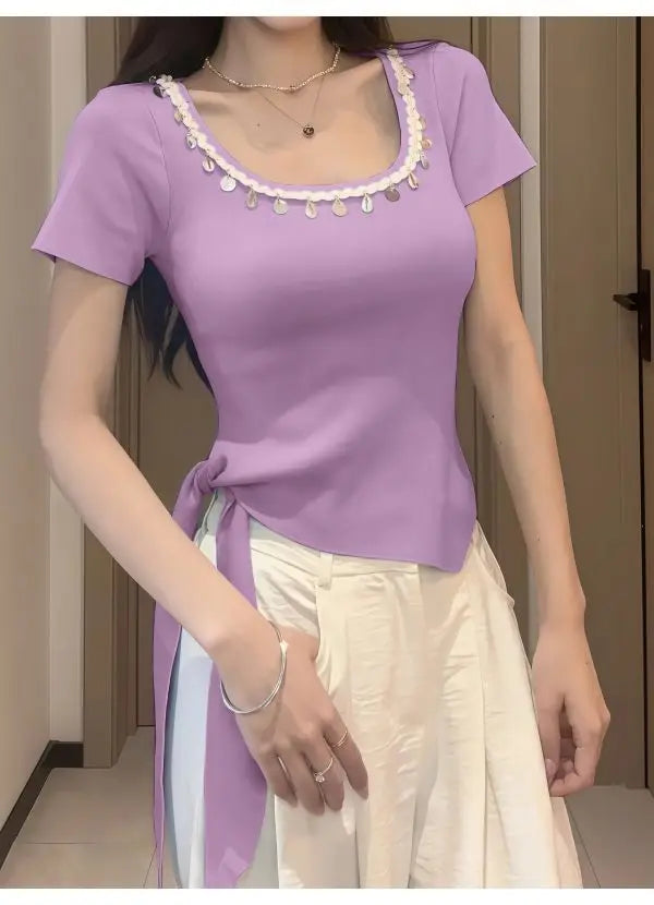 Short-sleeved Women's Top Bestseller 2025 New French Stylish Design Slimming and Flattering, Popular Online Clothing