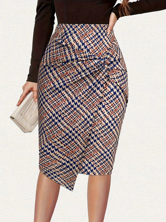 Women's Houndstooth Print Pencil Skirt | Twisted Knot Midi Skirt with Asymmetrical Hem