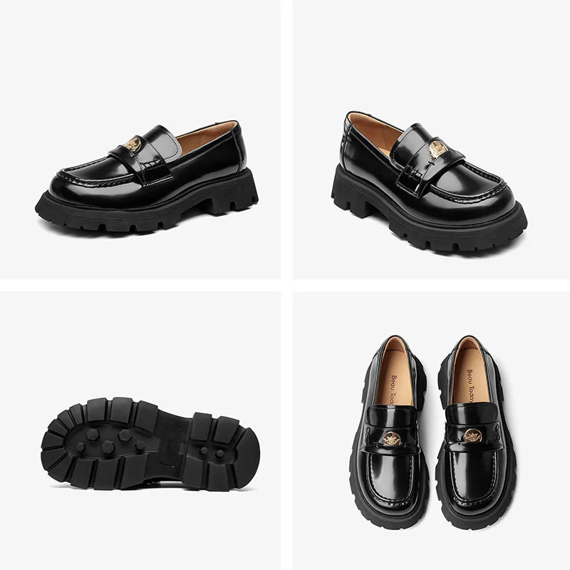 BEAUTODAY Penny Loafers Women Genuine Leather Moccasin Square Toe Metal Buckle Laides Platform Shoes Handmade 26424
