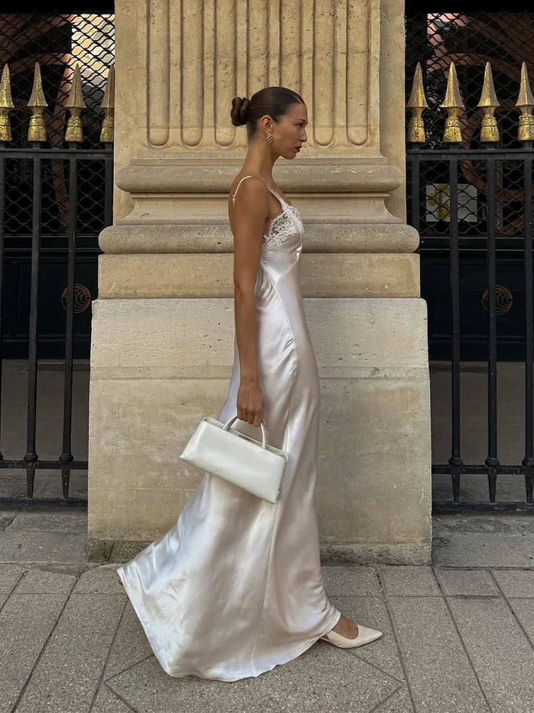 Women V-neck Satin Sling Maxi Dress Sexy White Lace Patchwork Sleeveless Backless Slim Gowns 2026 Evening Party Chic Dresses New
