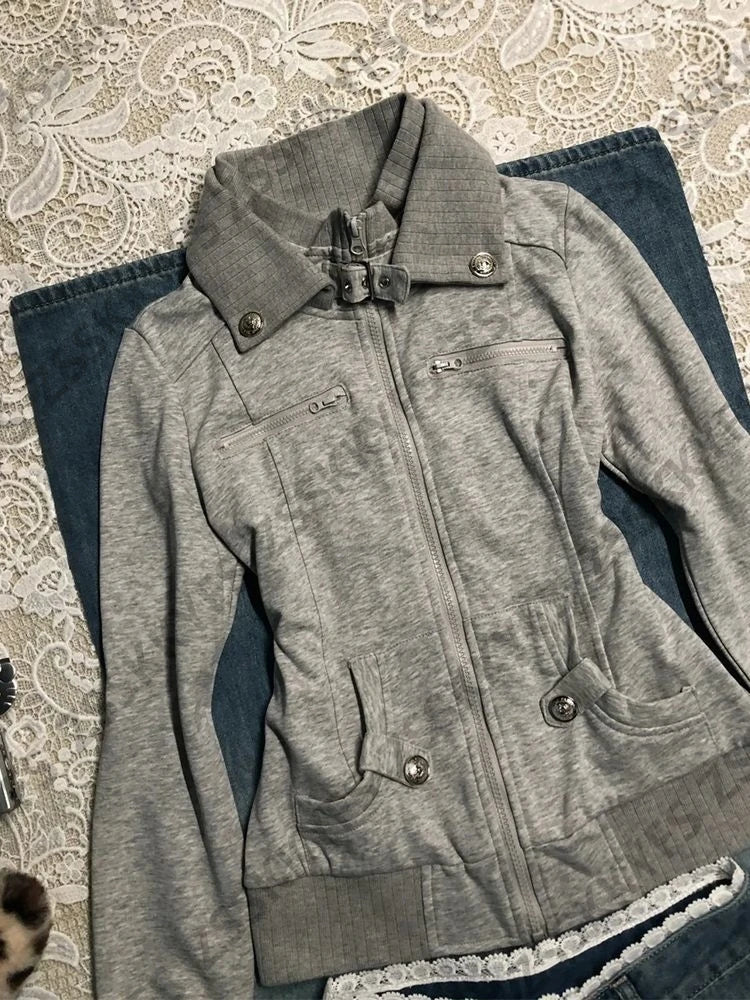 Vintage Coat Zipper Slim Y2k 2000s Womens Goth Punk Streetwear Polo Jacket Sweatshirt Basics Hoodie Autumn Winter Fashion Grunge