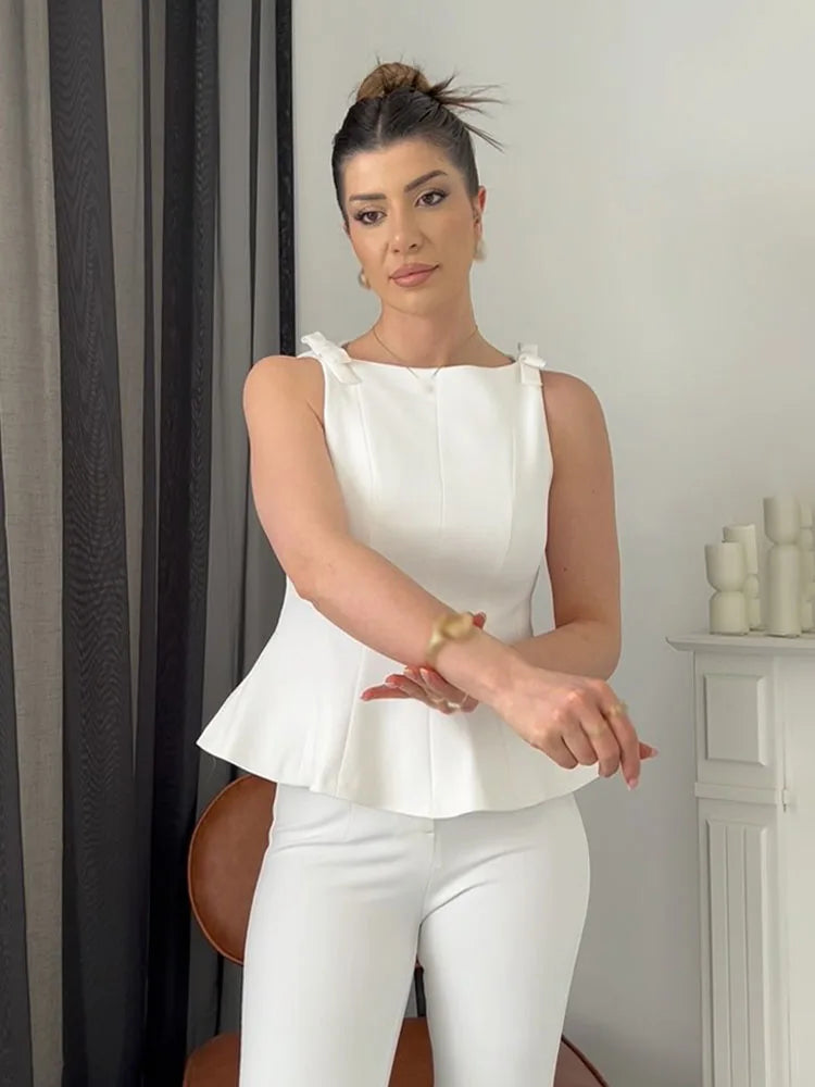 HH Female Summer Streetwear Style Sexy Top O-Neck Solid Sleeveless Bow Decorate Zipper Women's New Fashion Tops 2 Color