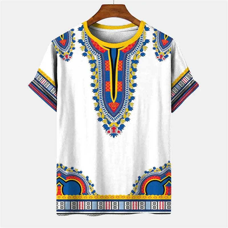 Summer Men's Vintage T-shirt African Tradition Stripe Printed T Shirts Casual O-Neck Short Sleeve Tees Street Fashion Loose Tops