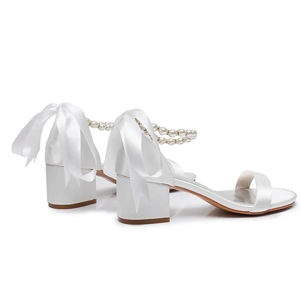String Bead Sandals for Women Summer Peep Toe Sandals Ladies Fashion Ribbon Bow Thick High Heels Sexy Wedges Wedding Shoes 35-43