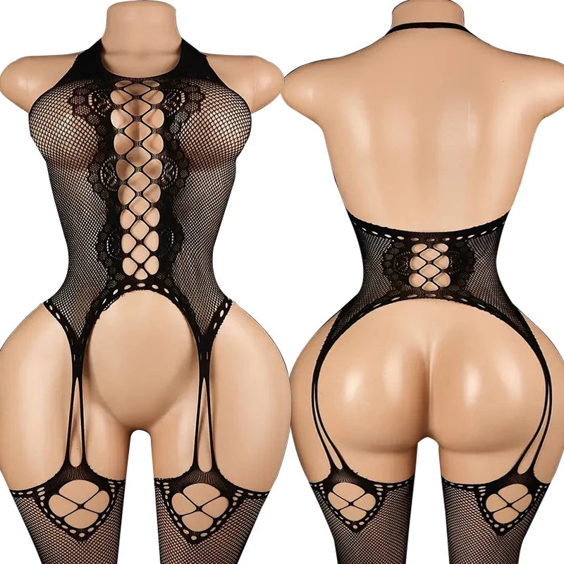 New Sexy Big Loophole Open Bras Body Suits Erotic Crotchless Lingerie Women Fishnet Hollow Dress Black Plus Size Underwear Sets