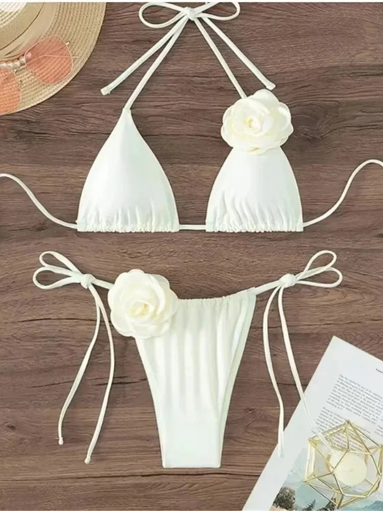 Women Two Piece Bikini Set 3D Floral Bandeau Swimwear Sexy Brazilian Bikini Lace Up Bathing Suit Separate Beachwear For Women