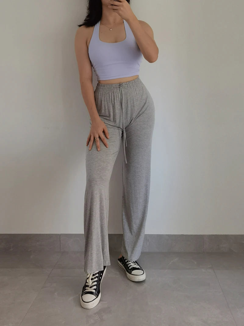 BIVIGAOS Summer Drawstring Ultra-thin Modal Wide Leg Pants Women High Waist Drape Casual Sport Pants Gray Sunscreen Fitness Pant