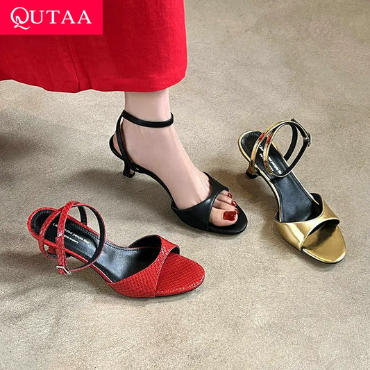 QUTAA 2025 Sexy Women High Heels Sandals Open Toe Pumps Shoes Slingbacks Party Genuine Leather Ankle Strap Shoes Office 34-40