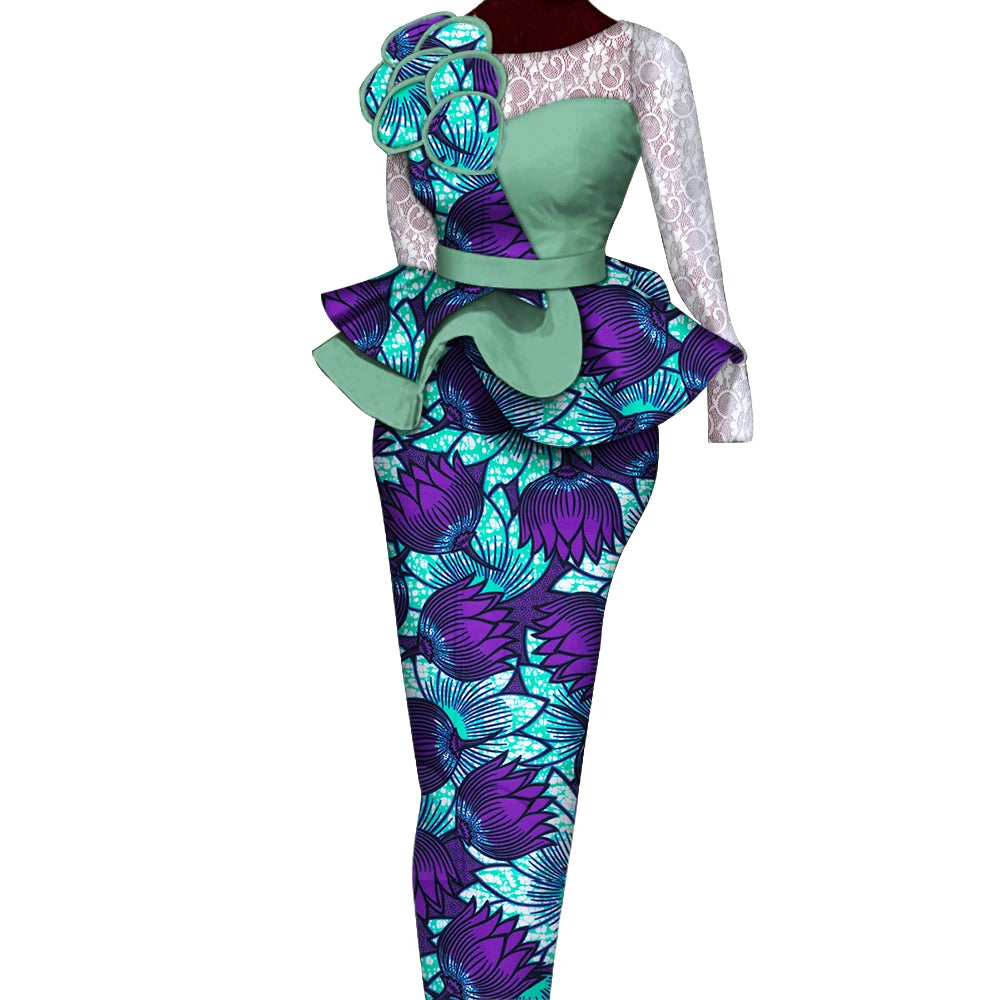 African Skirt Sets Women Suit Long Straight Skirts and Tops with Lace Decoration Bazin Riche Traditional African Clothing WY6195