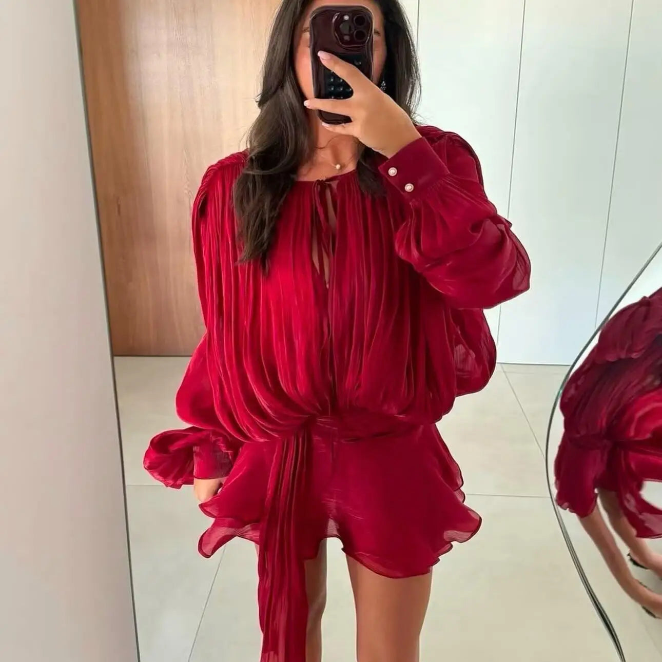 Dress Set Sweet Women Top Elegant Lantern Yarn Dress Women Spring New Short Waist Cinched Irregular Ruffle Edge Tie 9D6O