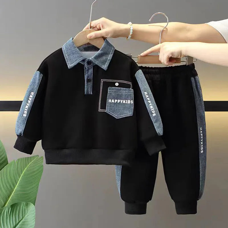2026 Toddler Boys Clothes Set Spring Autumn Polo Collar Long Sleeve Sweatshirt Pants 2 Piece Outfits Kids Boys Casual Tracksuit BAZAARHUBO