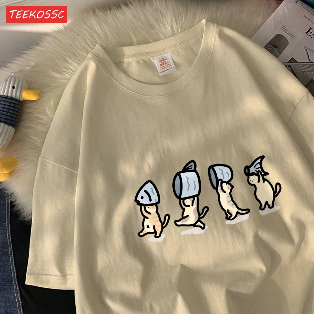 Four Little Cats Holding Fishcotton Women T-Shirts Cartoons Prints T Shirts Soft O-Neck Loose Short Sleeve Tops Summer Clothes