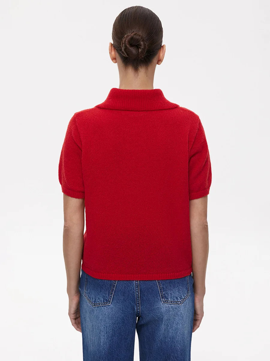 Bronladies Women's Polo Hollow Knitted Short Sleeved Sweater Spring Summer Bubble Sleeve T-shirt Female Simple Knitted Sweater