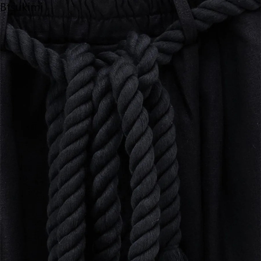 Men's Summer Black Linen Harem Pants Nightclub Stage Baggy Trousers With Rope Belt Mens Gothic Punk Hip Hop Joggers Street Wear
