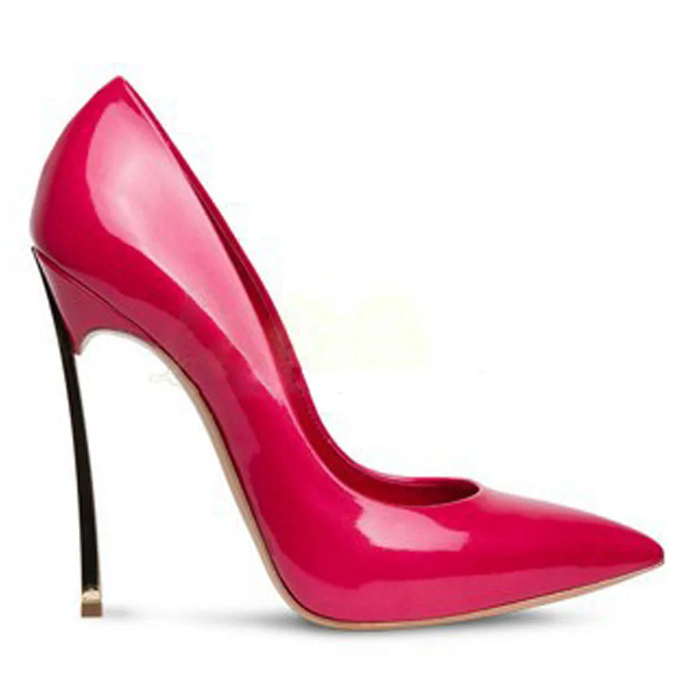 Spring and Autumn New Pointed Shallow Leather Single Shoes Metal Fine High Heel Banquet Dress Customized Large Size Women's Shoe