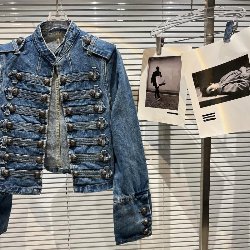 2026 Autumn New Fashion Metal Buckle Design Shoulder Strap Denim Short Jacket For Women High Street Coat Female