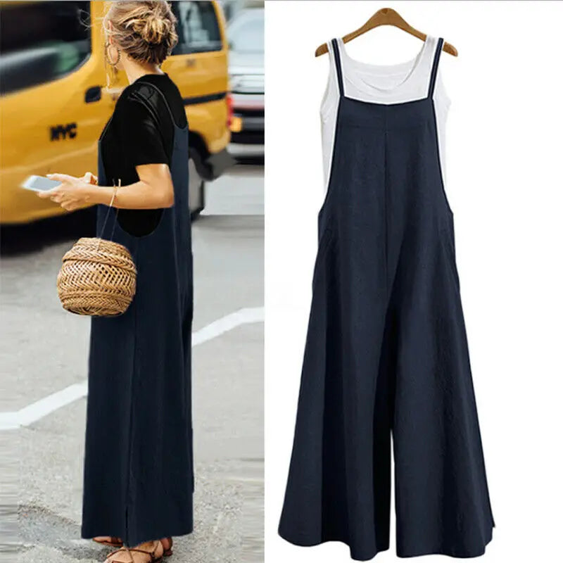Women Loose Casual Playsuit Trousers Wide Leg Pants Overalls Baggy Romper Lady Chic Summer Sleeveless Cotton Loose Jumpsuits 5XL