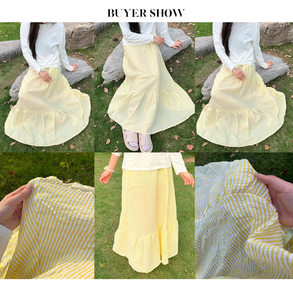 Skirt Long Women's Skirts  Female Clothing Woman Cuteore Spring Summer High-Waisted Striped Casual Vacation Style Half-Dress