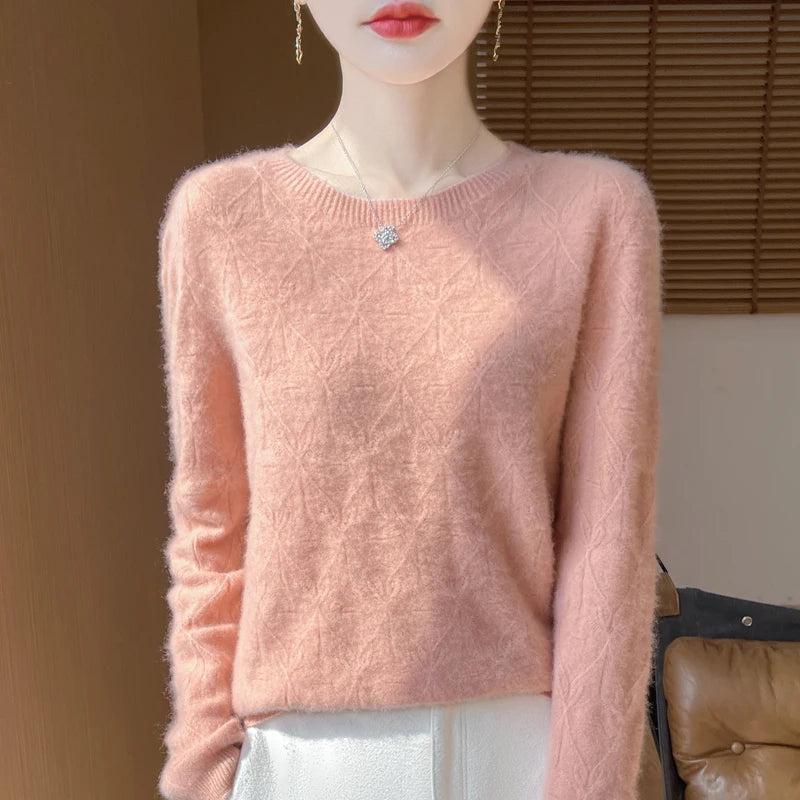 Women 100% Merino Wool Sweater Casual Hollow out Cashmere Blouse O-neck Pullover Tops Autumn Winter Warm Knit Woman Wool Sweater