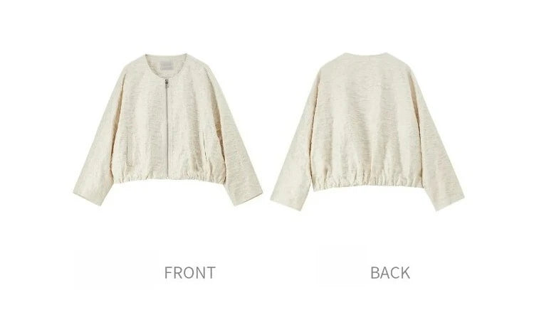 SENTUBILA Women's Loose Cropped Jacket 2026 Spring New Minimalist Round Neck 3D Embossed Jacquard Textured Zipper Coat 161WB6323