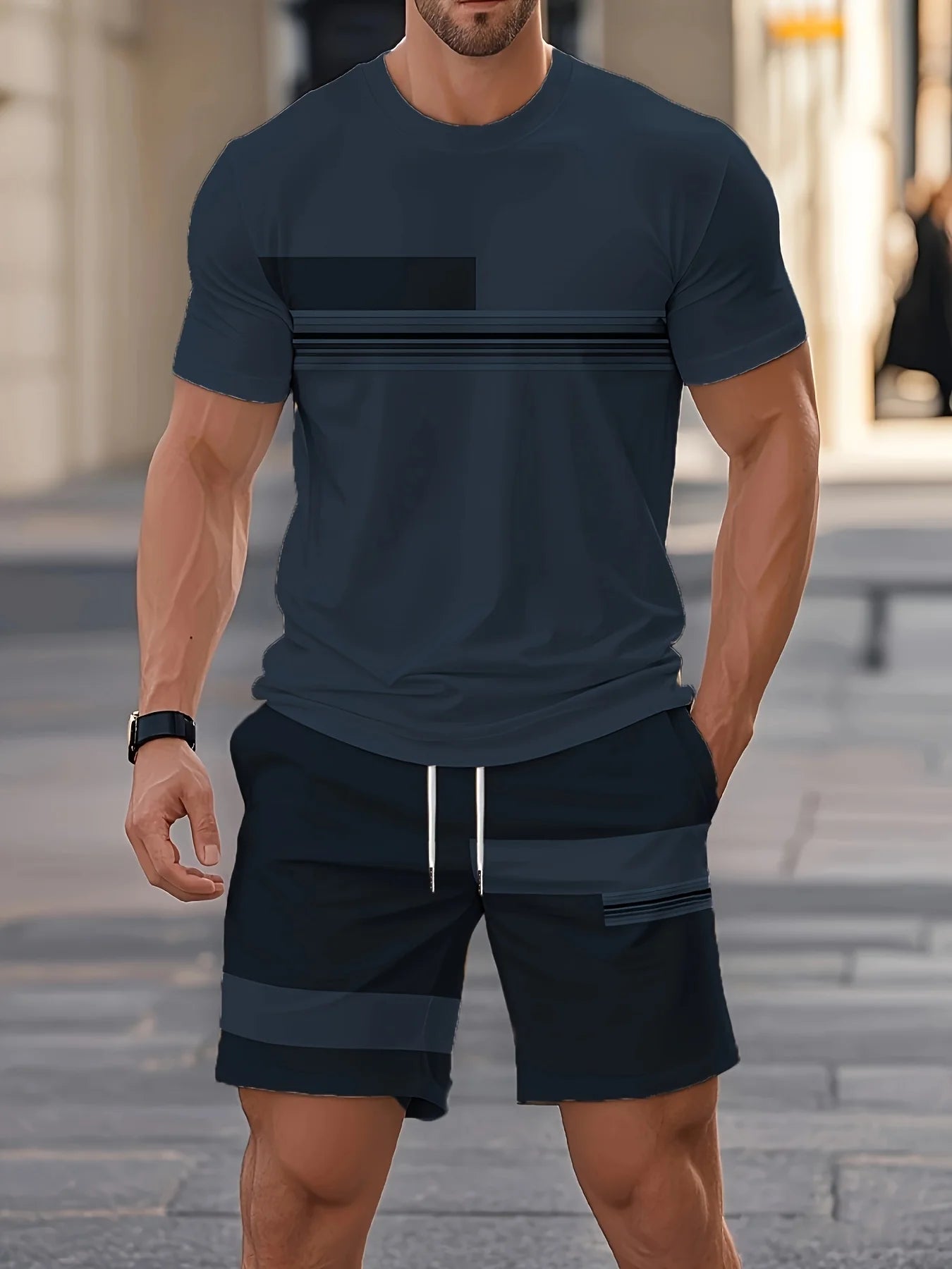 New Summer Men's Sportswear Striped Short-Sleeve T-Shirt Set Two-Piece Outdoor Travel Apparel Relaxed-Fit Shorts Training Wear